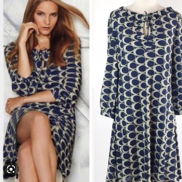 moulinette soeurs, Anthropologie, navy dress with tan ovals “Elipses” dress - Picture 1 of 11